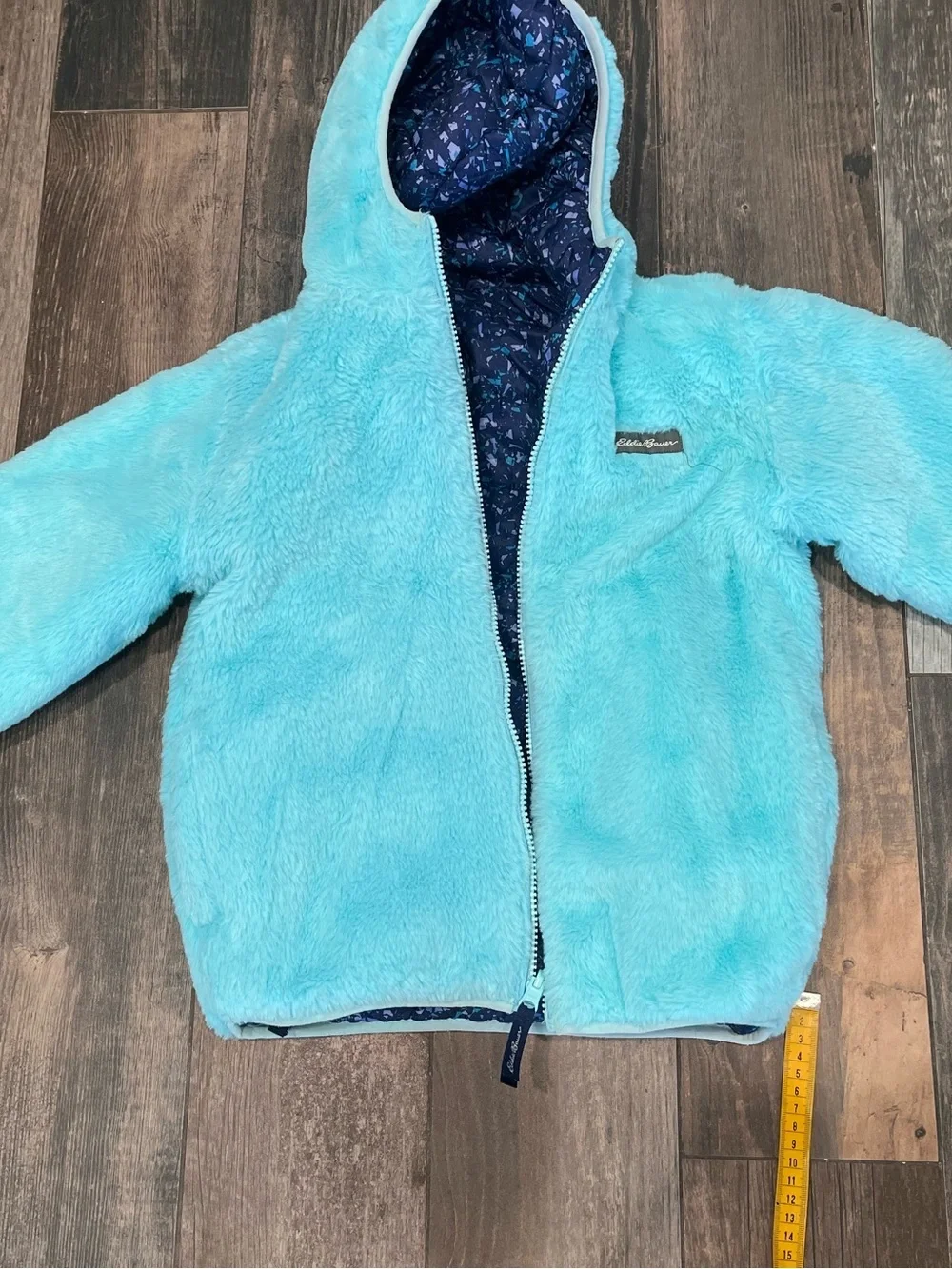 EDDIE BAUER Reversible Puffy Hoodie Jacket Small 7/8 Coat Plush Fleece Cozy